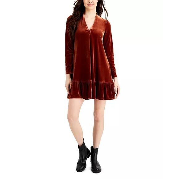Taylor Rust Red Orange Velvet Long Sleeve Trapeze Mini Dress - Size 10 - Picture 10 of 10